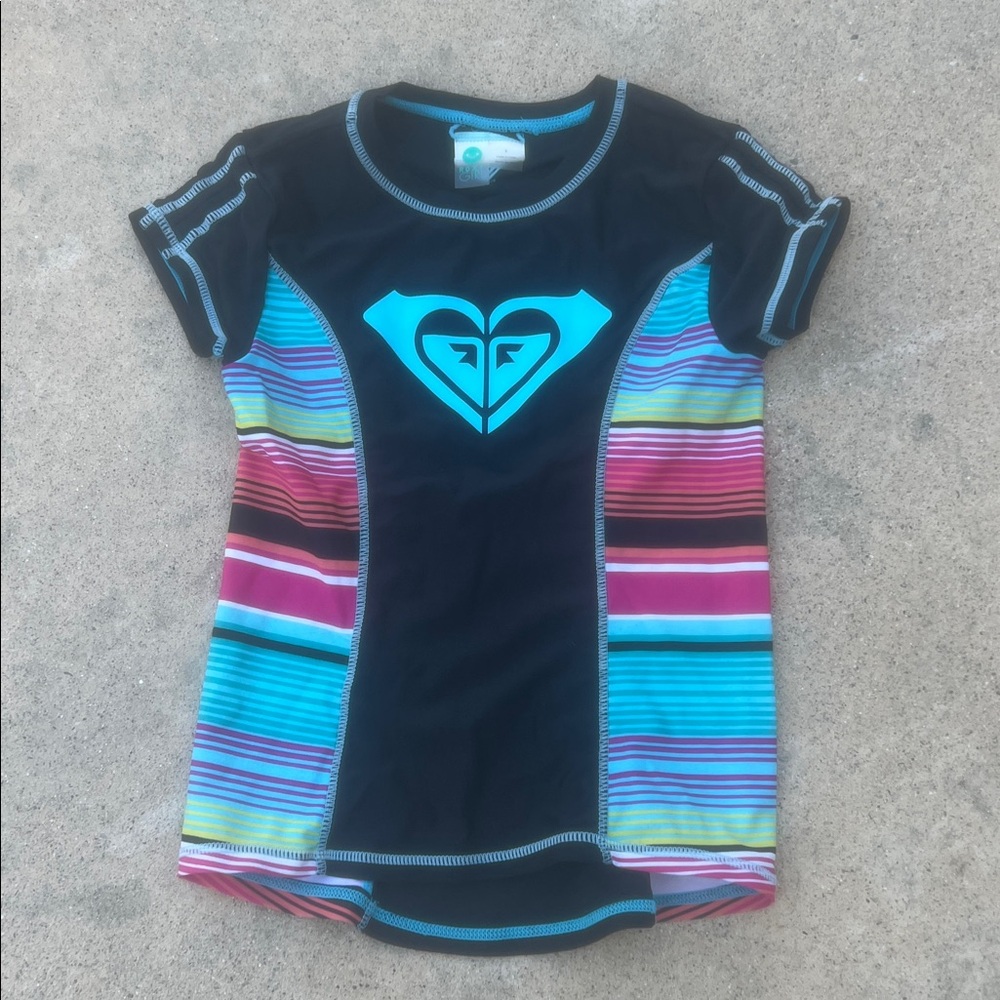 Roxy Girl Black Multicolor Striped Short Sleeve Rashguard Swim Top Girls Size 8